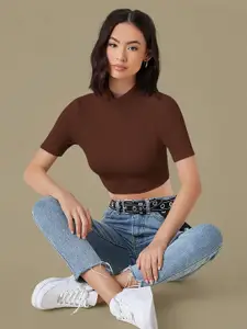 Dream Beauty Fashion Women Solid High Neck Regular Crop Top