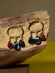 AMI Gold-Plated Artificial Stones Studded Contemporary Hoop Earrings