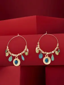AMI Gold-Plated Artificial Stones Studded & Beaded Contemporary Hoop Earrings