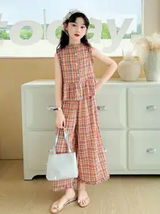 StyleCast x Revolte Girls Checked Pure Cotton Mandarin Collar Top With Palazzos