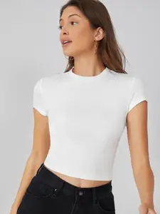 AAHWAN Women Round Neck Short Sleeves Crop Fitted Top