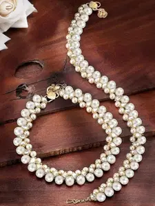 I Jewels Gold-Plated Kundan Studded And Pearls Beaded Anklet