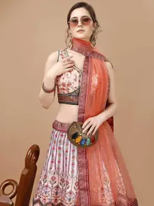 SAPTRANGI Floral Printed Beads And Stones Ready To Wear Lehenga And Blouse With Dupatta