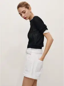 MANGO Women Mid-Rise Pure Cotton Denim Paper Bag Shorts with Belt