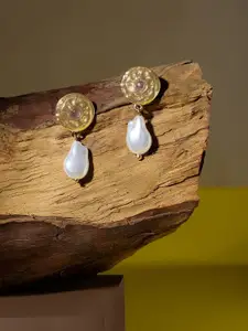 AMI Gold-Plated Artificial Stones Studded and Pearls Beaded Circular Drop Earrings