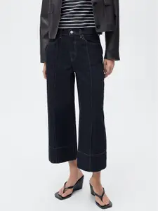 MANGO Women Mid-Rise Pure Cotton Cropped Wide Leg Jeans with Front Seams