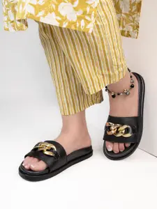 The Roadster Lifestyle Co. Women Black Embellished Casual Synthetic Sliders