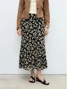MANGO Floral Print Gauze Midi Flared Skirt