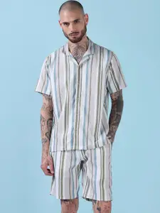 SHOWOFF Striped Cuban Collar Relaxed Fit Shirt With Shorts