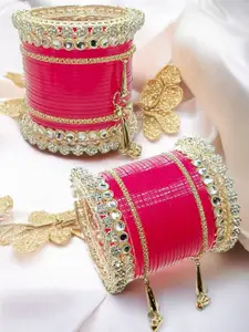 BeautyTrends Set Of 24 Gold-Plated Kundan-Studded Latkan Chudas Bangles