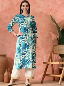 Sangria Floral Printed Notch Neck Straight Kurta