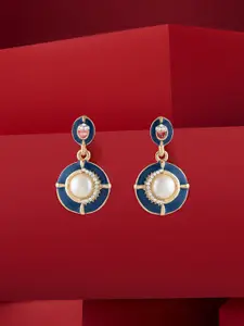 AMI Gold-Plated Austrian Diamonds & Pearls Studded Dazzling Circular Enamel Drop Earrings
