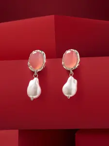 AMI Silver-Plated Artificial Stones Studded & Pearls Beaded Contemporary Drop Earrings