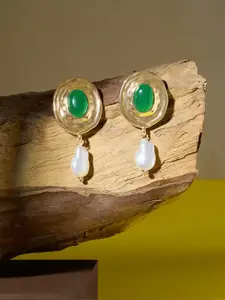 AMI Gold-Plated Artificial Stones Studded and Pearls Beaded Oval Drop Earrings