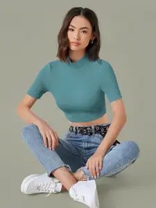 Dream Beauty Fashion Women Solid High Neck Crop Top