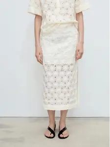 MANGO Floral Open Work Textured Straight Midi Skirt