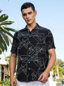 Thomas Scott Men Premium Regular Fit Short Sleeves Spread Collar Embroidered Shirt