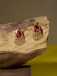 AMI Gold-Plated Artificial Stones Studded Teardrop Shaped Drop Earrings