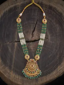 Kushal's Fashion Jewellery Gold-Plated Stone Studded & Beaded Antique Long Necklace