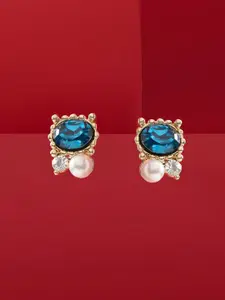 AMI Gold-Plated Artificial Stones Studded & Pearls Beaded Oval Studs
