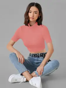 Dream Beauty Fashion Women Solid High Neck Crop Top