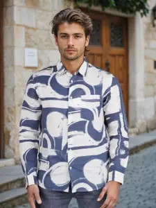 Celio Men Classic Regular Fit Abstract Printed Spread Collar Linen Casual Shirt