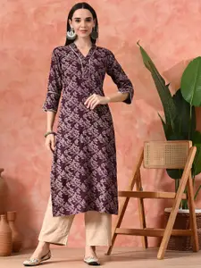 Sangria Floral Printed V-Neck Straight Kurta