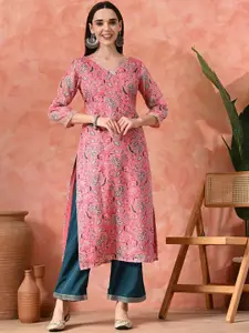 Sangria Floral Printed V-Neck Cotton Silk Straight Kurta