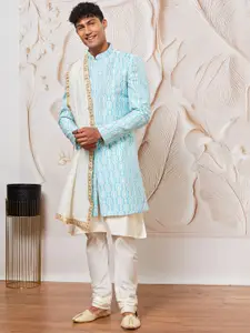 VASTRAMAY Men Woven Textured  Kurta Pyjama & Dupatta Sherwani Set