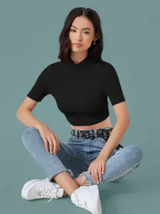 Dream Beauty Fashion Solid Above The Keyboard Collar Fitted Crop Top
