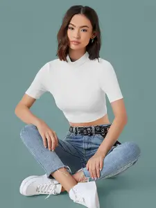 Dream Beauty Fashion Dream Beauty top-56-bullet-white Women's High Neck Fitted Crop Top