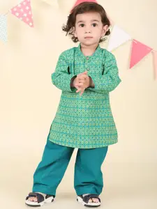 Fabindia Boys Geometric Printed Band Collar Straight Pure Cotton Kurta With Trousers