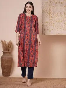 FASHOR Geometric Printed Notch Neck Pure Cotton Kurta