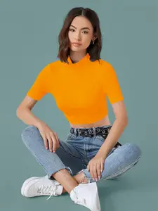 Dream Beauty Fashion Solid Above The Keyboard Collar Fitted Crop Top