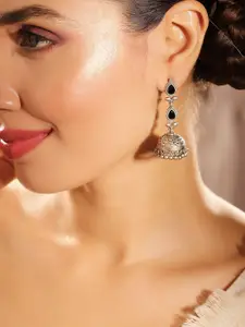 Priyaasi Silver-Plated Dome Shaped Artificial Stones Studded and Beaded Oxidised Jhumkas