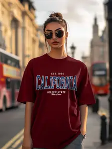 JUNEBERRY Women Typography Printed Round Neck Cotton Oversized T-shirt