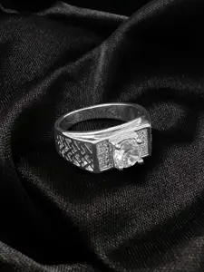 Saizen Stainless Steel Silver-Plated American Diamond-Studded Adjustable Finger Ring