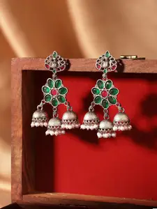 Priyaasi Silver Plated Artificial Stones and Beads Beaded Oxidised Jhumkas