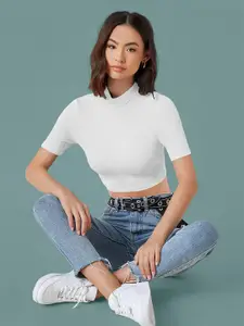 Dream Beauty Fashion Solid Round Neck Short Sleeves Fitted Crop Top