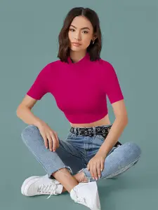 Dream Beauty Fashion Dream Beautytop-57-bullet-ranipink Women's High Neck Fitted Crop Top