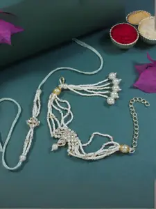 I Jewels White 2 Pieces Kundan & Pearls Bhaiya Bhabhi Lumba Bracelet Rakhi Combo Set