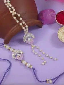 I Jewels 2 Pieces Kundan & Pearls Bhaiya Bhabhi Lumba Rakhi Bracelet Combo Set