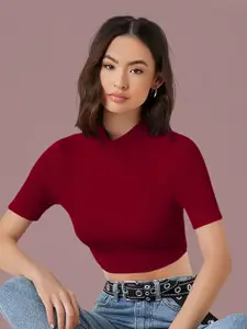 Dream Beauty Fashion Solid Above The Keyboard Collar Fitted Crop Top