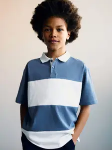 Mango Kids Boys Striped Polo Collar Drop-Shoulder Sleeves Pure Cotton T-shirt
