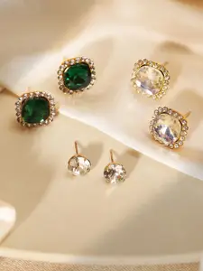 Priyaasi Set Of 3 Silver Plated Crystals Studded Geometric Studs Earrings