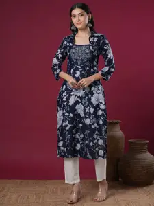 FASHOR Floral Printed Square Neck Pure Cotton Kurta