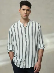 Mufti Men Vertical Striped Band Collar Cotton Casual Shirt
