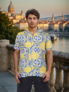 Celio Men Classic Regular Fit Geometric Printed Cuban Collar Casual Shirt