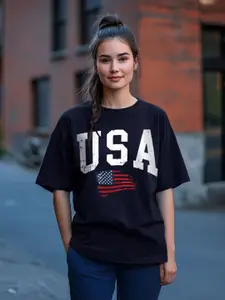 JUNEBERRY Women Typography Printed Round Neck Cotton Oversized T-shirt