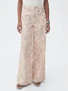 MANGO Women Mid-Rise Floral Printed Pure Cotton Wide Leg Jeans